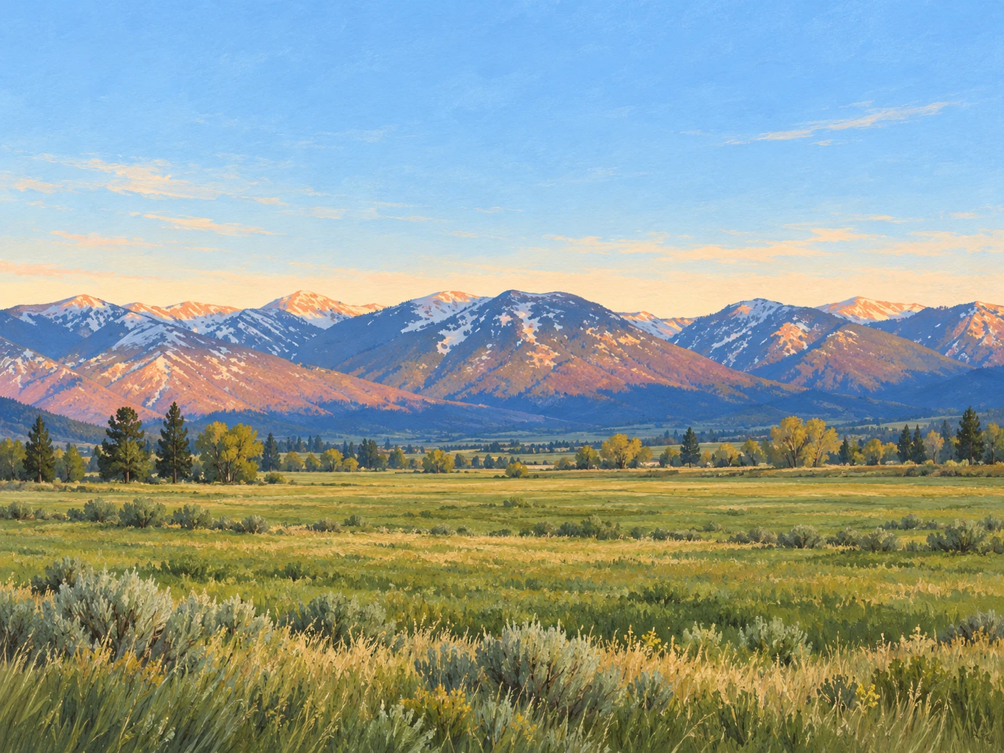 Original illustration inspired by the mountain ridgeline near Arlee, with evening light, patchy snow and open green fields.